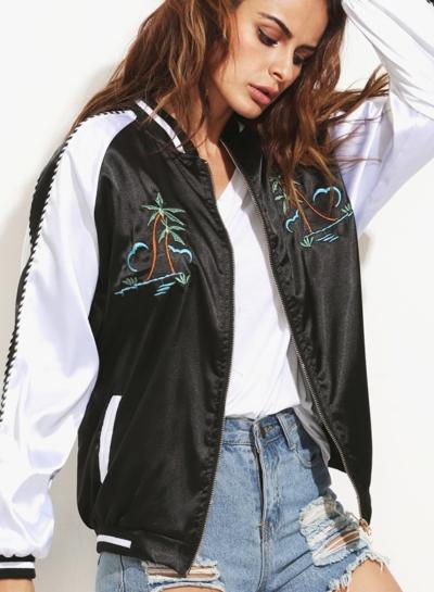 Oasap Women's Black Embroidered Raglan Sleeve Satin Baseball Jacket