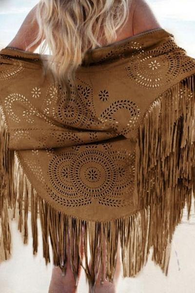 Oasap Chic Hollow-out Crochet Fringed Coat