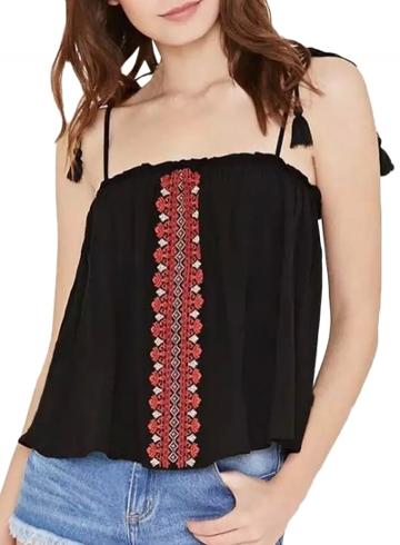 Oasap Women National Wind Embroidery Print Spaghetti Strap Top