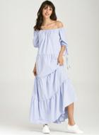 Oasap Off Shoulder Vertical Striped Tie Cuff Beach Dress