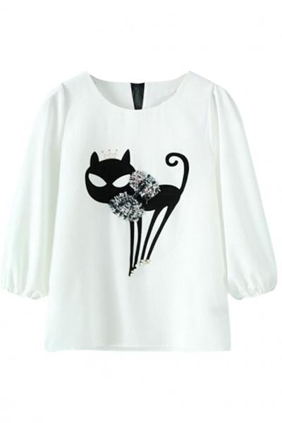 Oasap Whimsical Cat Pattern Textured Blouse