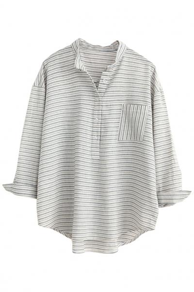 Oasap Preppy Stripe Print Linen Loose Shirt
