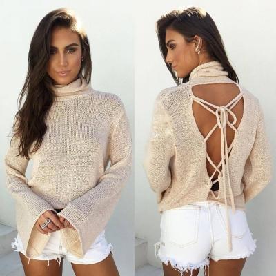 Oasap High Neck Batwing Sleeve Back Lace Up Knit Blouse