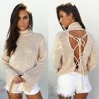 Oasap High Neck Batwing Sleeve Back Lace Up Knit Blouse