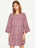 Oasap Gingham Print Ruffled Three-quarter Sleeve Dress