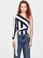 Oasap Striped One Shoulder Long Sleeve Tie Waist Blouse
