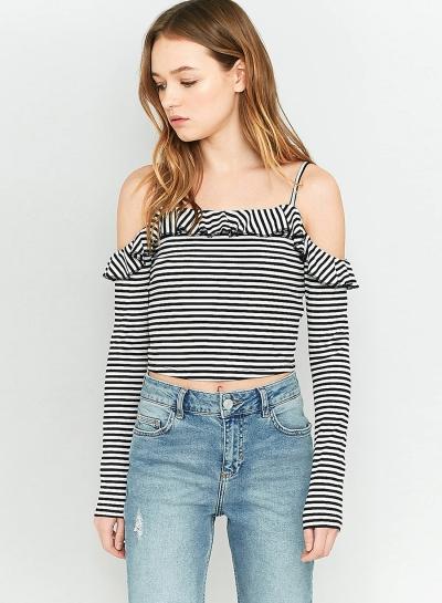 Oasap Sapghetti Strap Long Sleeve Striped Off Shoulder Tee Shirt