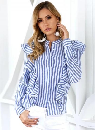 Oasap Stand Collar Long Sleeve Flounce Panel Button Down Striped Shirt
