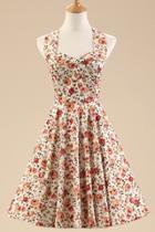 Oasap Vintage Floral Printing Sleeveless Halter A-line Dress