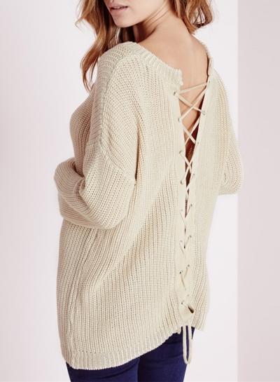 Oasap Fashion Back Lace-up Loose Fit Knit Sweater