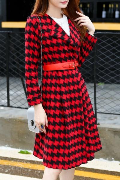 Oasap Elegant Houndstooth Print Turn-down Collar Coat