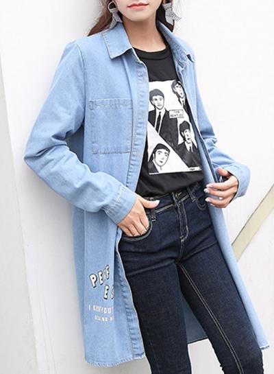 Oasap Fashion Letter Printed Button Down Long Denim Coat