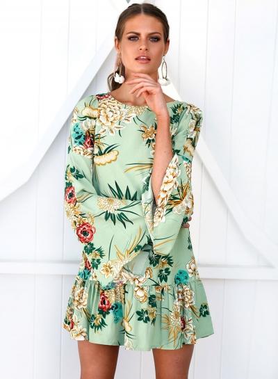 Oasap Round Neck Floral Print Flare Sleeve Mini Dress