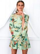 Oasap Round Neck Floral Print Flare Sleeve Mini Dress
