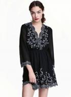 Oasap V Neck Long Sleeve Floral Embroidery Dress