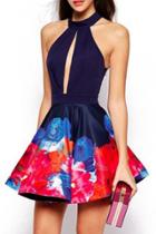 Oasap Stylish Floral Print Cutout Pleated Dress