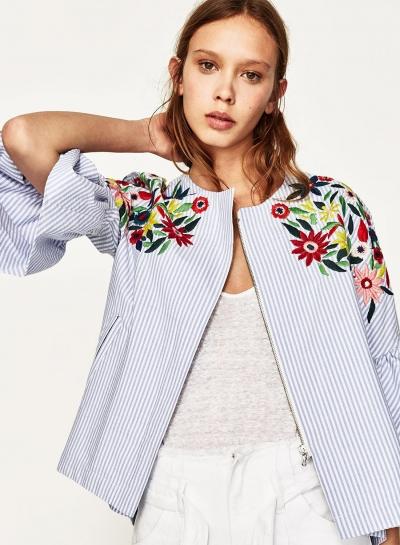 Oasap Casual Flare Sleeve Stripe Floral Embroidery Coat