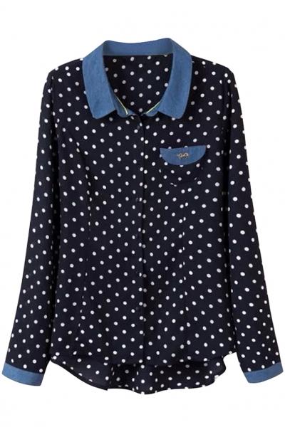 Oasap Polka Dot Denim Trim Button Down Shirt