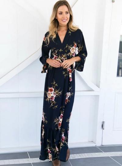 Oasap V Neck 3/4 Sleeve Floral Ruffle Maxu Dress