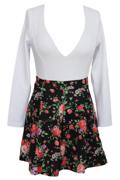 Oasap White Sweet Plunging Neck Floral Skater Dress