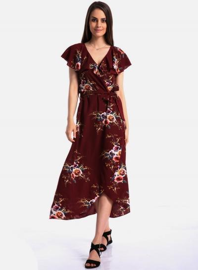 Oasap V Neck Flounce Sleeve Floral Print High Low Dress