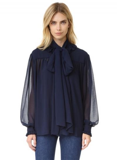 Oasap Bow Tie Collar Long Sleeve Solid Chiffon Blouse