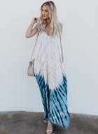 Oasap Loose Printed Sleeveless Backless V Neck Maxi Dress With Pockets
