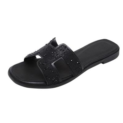 Oasap Casual Open Toe Rhinestone Flat Heels Slippers