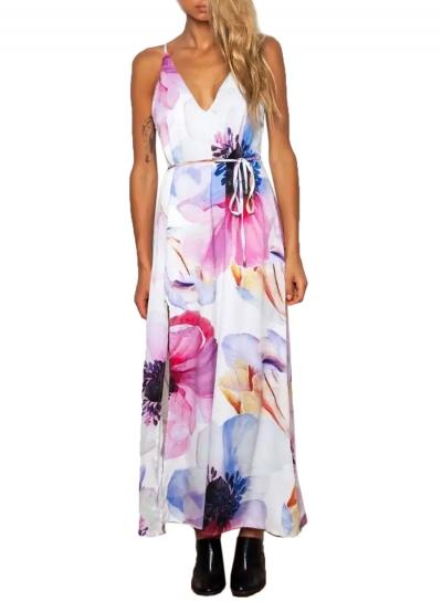 Oasap Women Spaghetti Strap Backless Floral Slit Maxi Dress