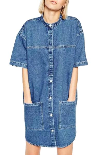 Oasap Vintage Round Neck Button Front Half Sleeve Denim Dress