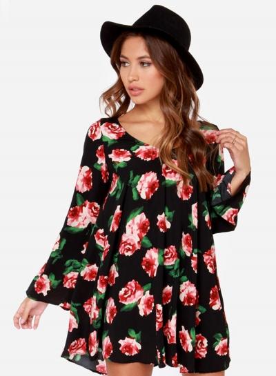 Oasap Women's Multicolor Floral Print Ruffle Long Sleeve Mini Dress