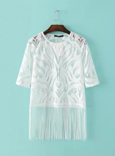 Oasap Round Neck Tassel Detail Lace Tee Shirt