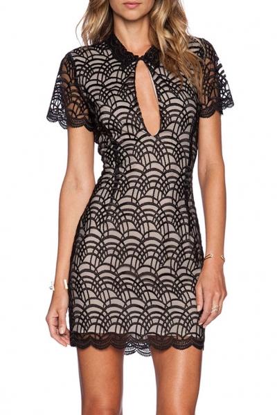 Oasap Black Lacy Fish Scale Fashion Mini Dress
