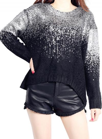 Oasap Round Neck Batwing Sleeve Back Slit Hot Stamping Sweater