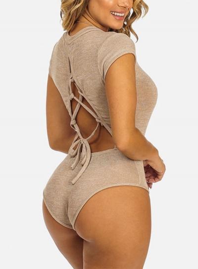 Oasap Short Sleeve Back Lace-up One Piece Bodysuit
