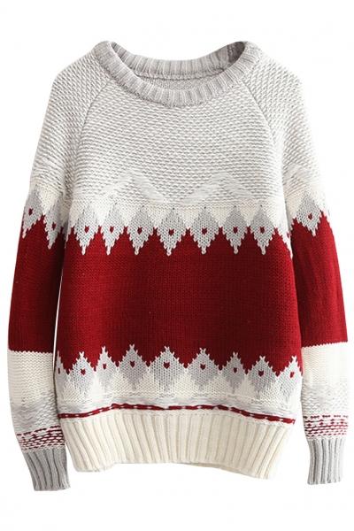Oasap Geo-print Distressed Round Neck Knit Sweater