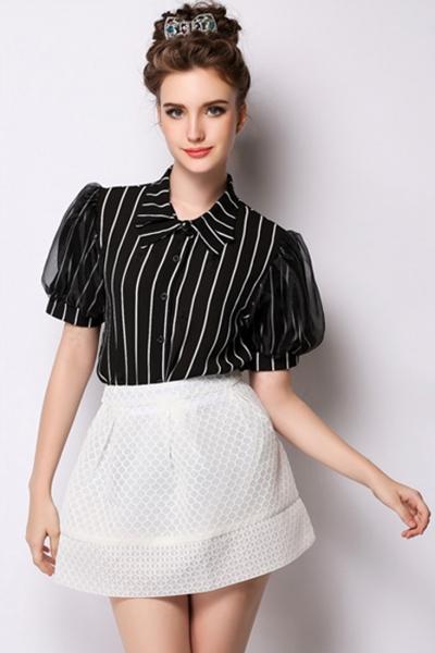 Oasap Classic Striped Short Sleeves Button Down Blouse