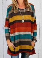 Oasap Round Neck Long Sleeve Colorful Striped Tee Shirt
