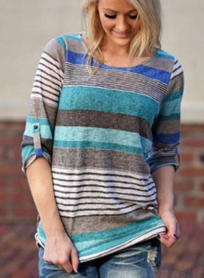Oasap Plus Size Striped Half Sleeve Tee Shirt