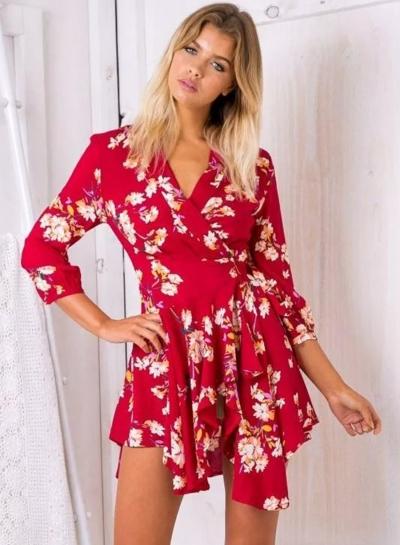 Oasap V Neck 3/4 Sleeve Floral Irregular Dress