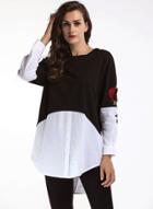 Oasap Round Neck Long Sleeve Color Splicing Floral Embroidery Tee Shirt