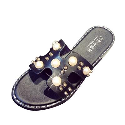 Oasap Open Toe Flat Heels Beach Slippers With Rivet And Rhinestone