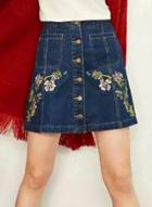 Oasap Floral Embroidery Button Down Mini Denim Skirts