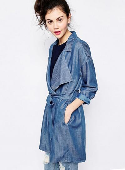 Oasap Women's Shawl Collar Belted Denim Trench Coat