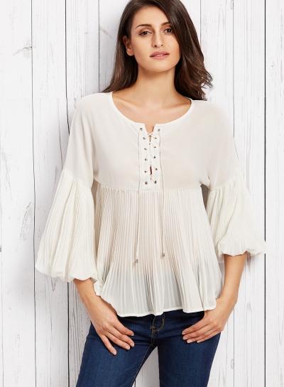 Oasap Solid Color Round Neck Lace Up Flare Sleeve Chiffon Blouse