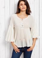 Oasap Solid Color Round Neck Lace Up Flare Sleeve Chiffon Blouse
