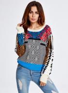 Oasap Casual Loose Fit Color Block Knit Sweater