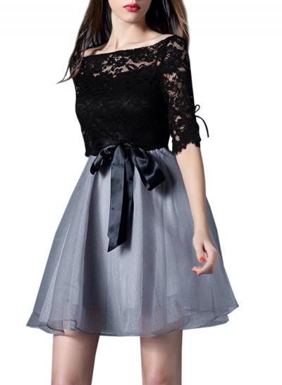 Oasap Women's Floral Lace Paneled Bow Waist Mesh Dress