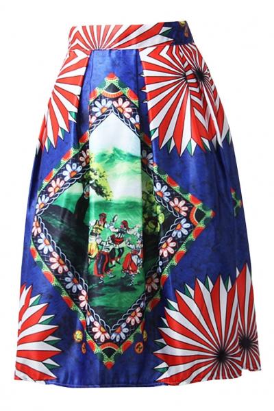 Oasap Fashion Mixed Print Pleated Swing Skirt