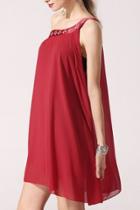Oasap Fashion Rhinestone Oblique Neckline Chiffon Dress